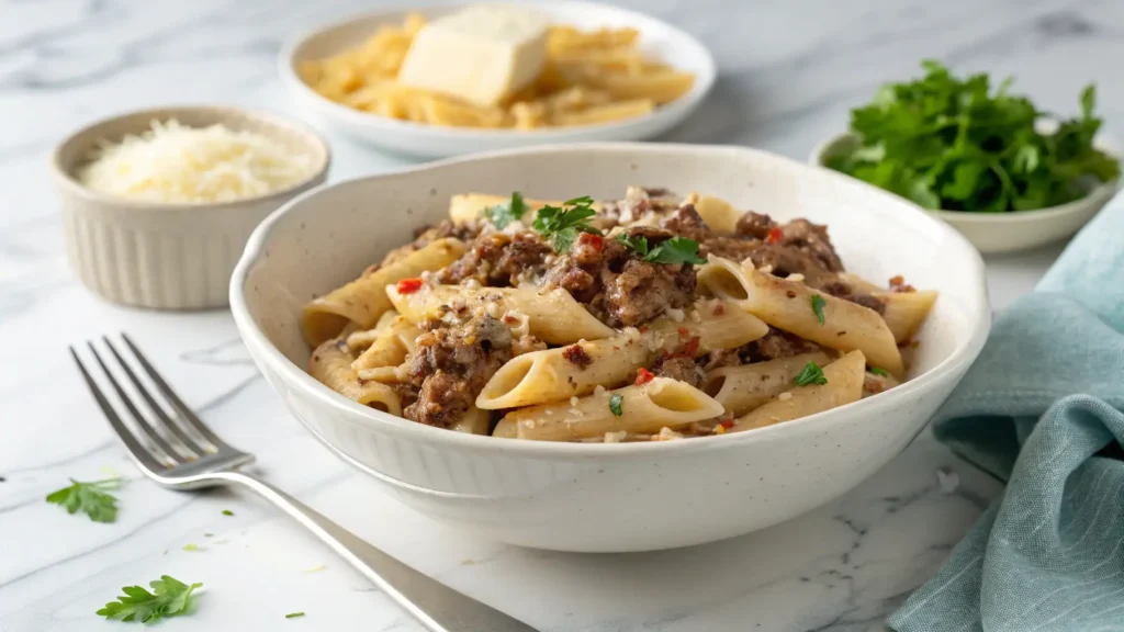 Plated Satisfying Stovetop Creamy Beef Pasta Recipe in white bowl with fork, topped with parsley and Parmesan cheese