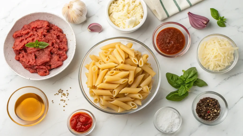 All ingredients for Satisfying Stovetop Creamy Beef Pasta Recipe laid out including pasta, ground beef, cream, cheese, and seasonings