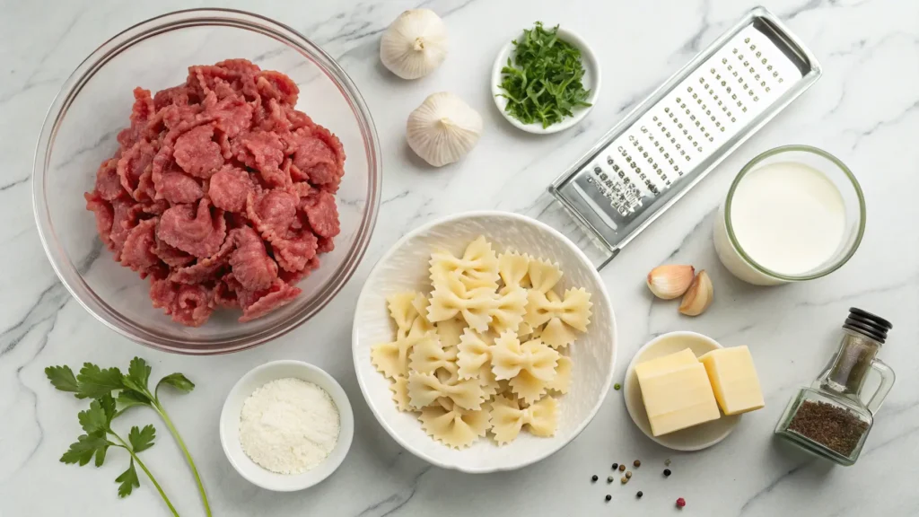 Ingredients for Creamy Parmesan Garlic Beef Bowtie Pasta including ground beef, farfalle pasta, cream, and Parmesan