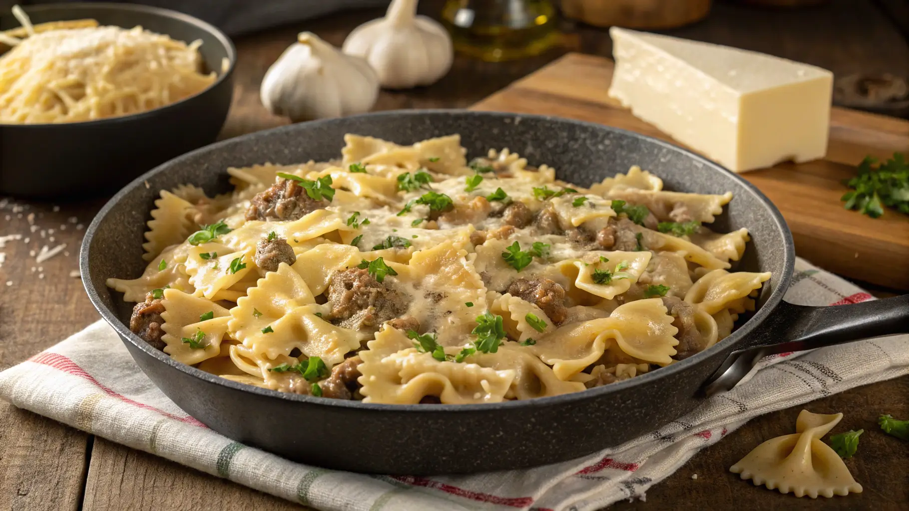 Creamy Parmesan Garlic Beef Bowtie Pasta in skillet with ground beef, farfalle pasta, and rich cream sauce