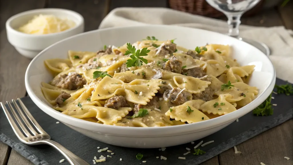 Creamy Parmesan Garlic Beef Bowtie Pasta served in white bowl with fresh parsley and Parmesan cheese