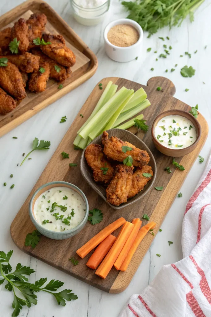 Crispy ranch wings served on wooden board with celery sticks, carrot sticks, and ranch dressing for game day