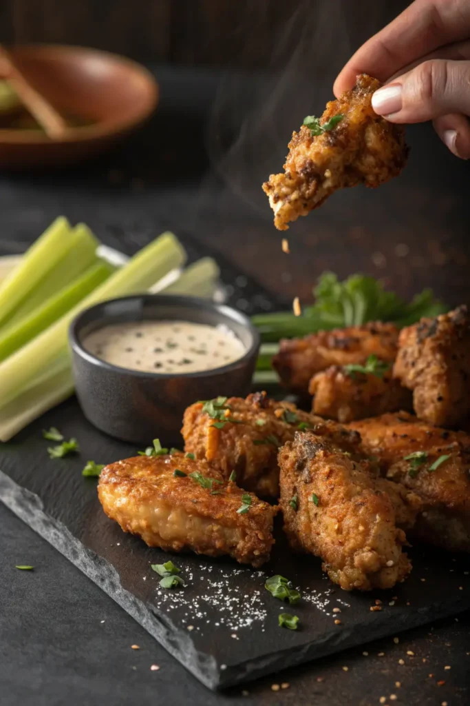 Hand reaching for crispy ranch wings on slate plate showing juicy interior with ranch dipping sauce drizzle