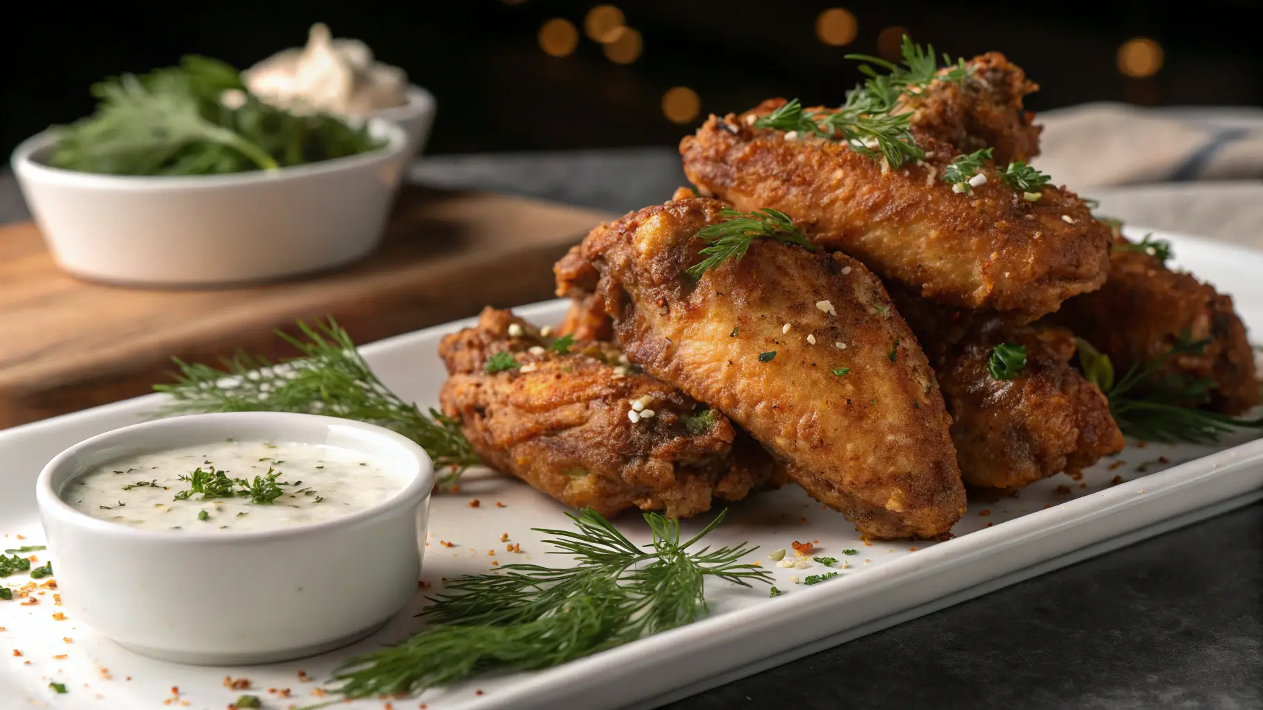 Crispy ranch wings with golden brown coating and fresh herbs on white platter with ranch dipping sauce