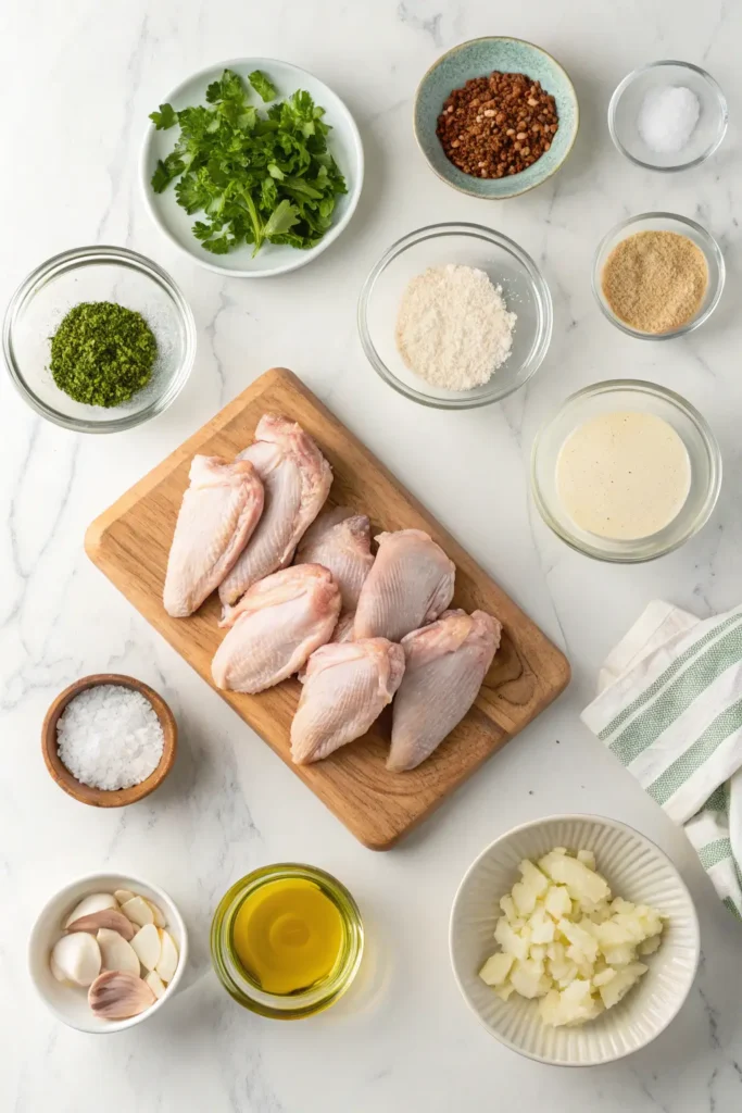 Ingredients for crispy ranch wings including raw chicken wings, ranch seasoning, fresh herbs, baking powder, and spices on marble counter