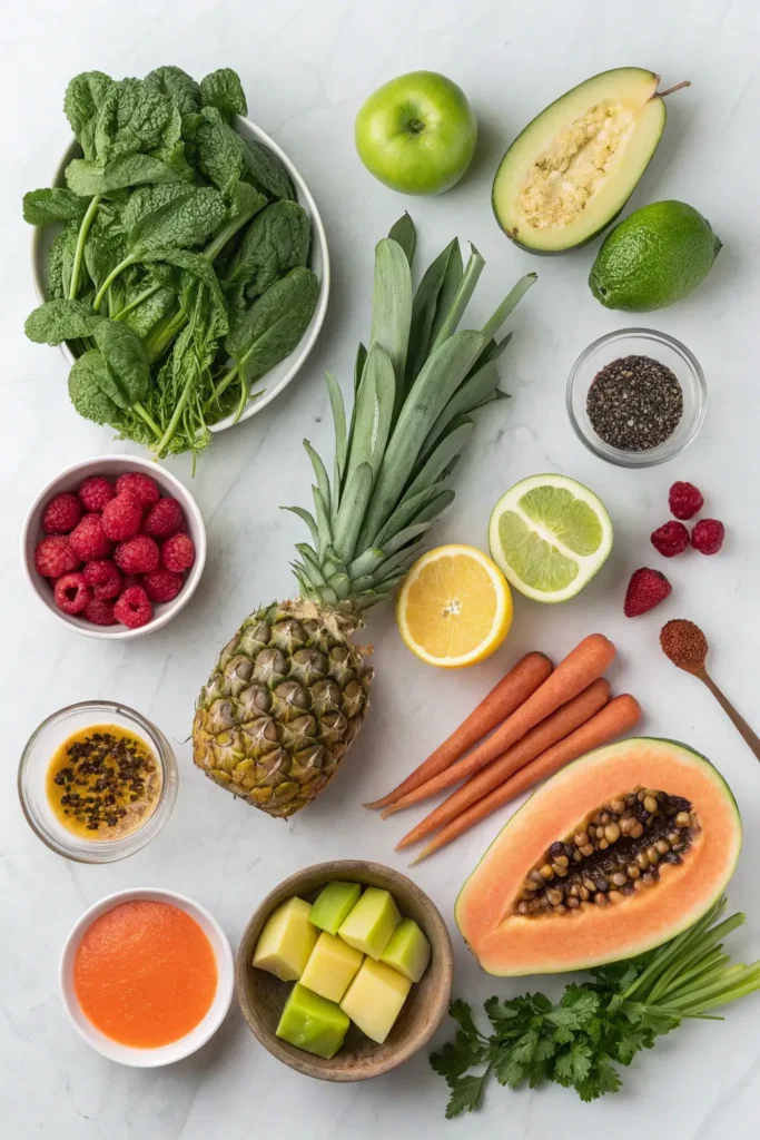Overhead view of fresh detox juice ingredients on white marble including spinach, kale, apples, cucumbers, ginger, citrus fruits, beets, berries, and herbs arranged in organized groups