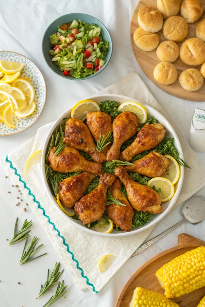 Family-style serving platter of baked chicken drumsticks garnished with lemon and herbs