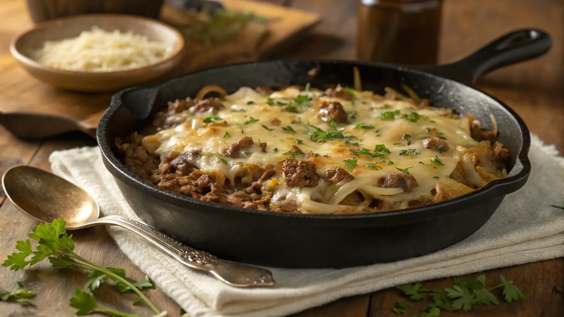 French onion ground beef and rice casserole in cast iron skillet with melted Gruyère cheese and fresh parsley garnish
