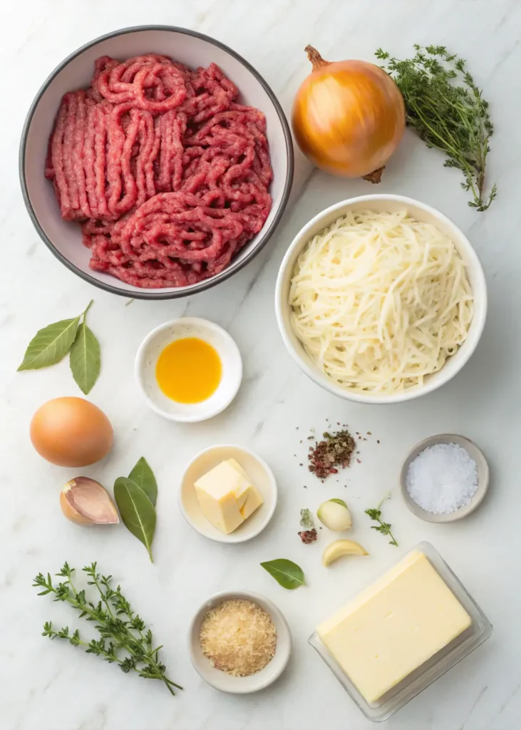 All ingredients for French onion ground beef and rice casserole including ground beef, onions, rice, Gruyère cheese, and herbs