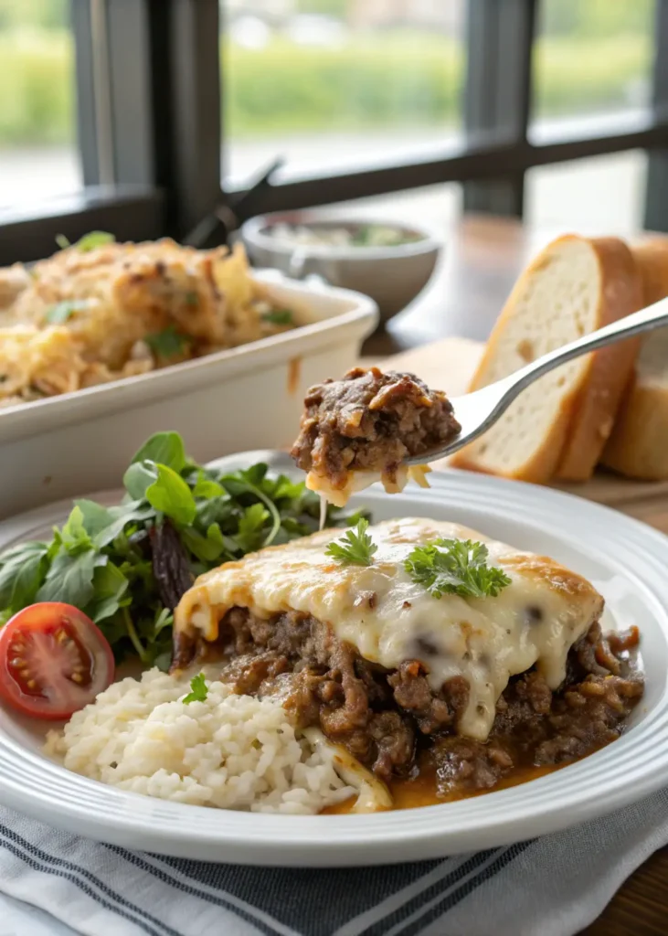 Plated serving of French onion ground beef and rice casserole with melted cheese, served with salad and crusty bread