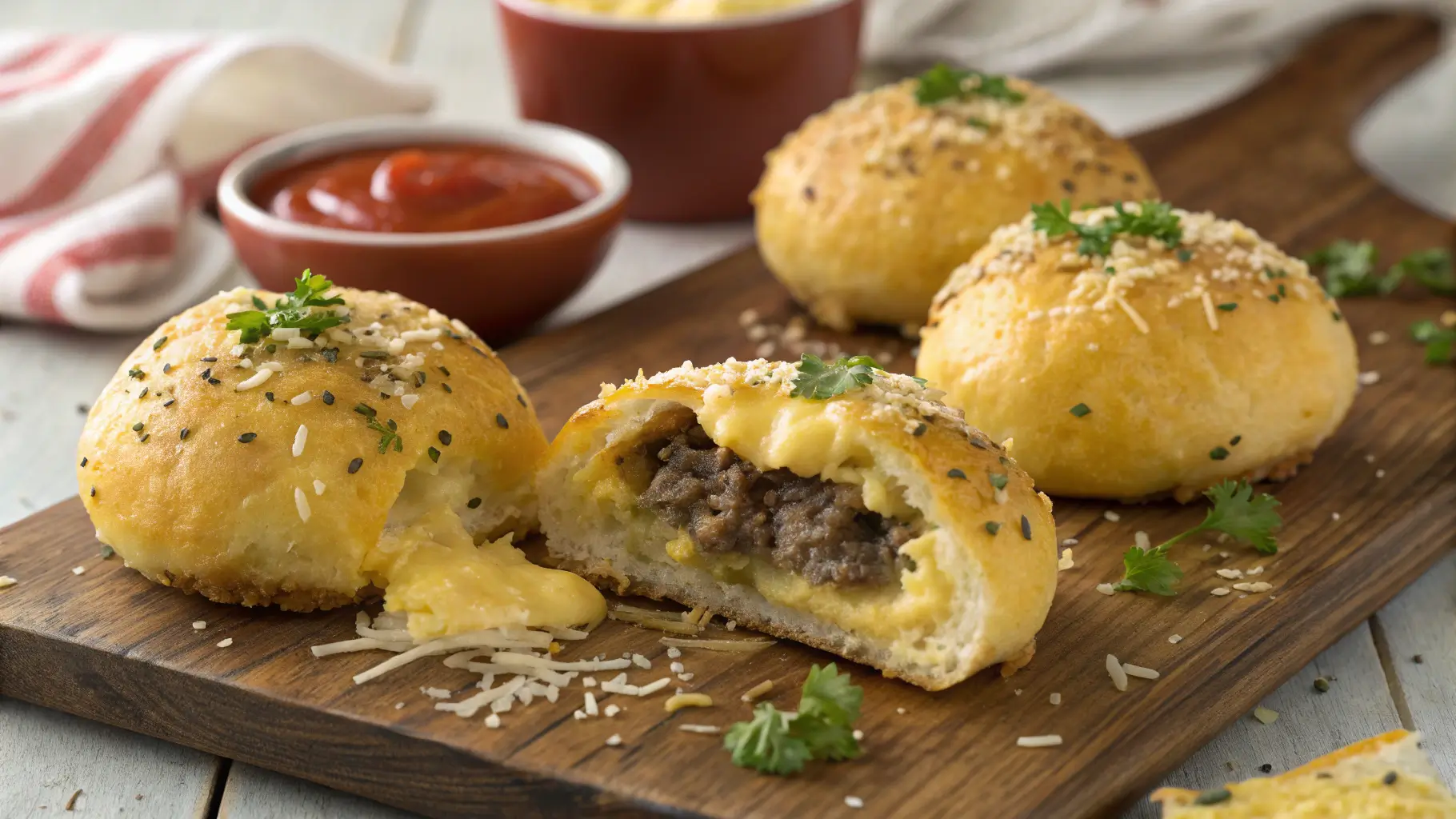 Golden garlic parmesan cheeseburger bomb cut in half revealing melted cheddar cheese and seasoned ground beef filling with dipping sauces in background
