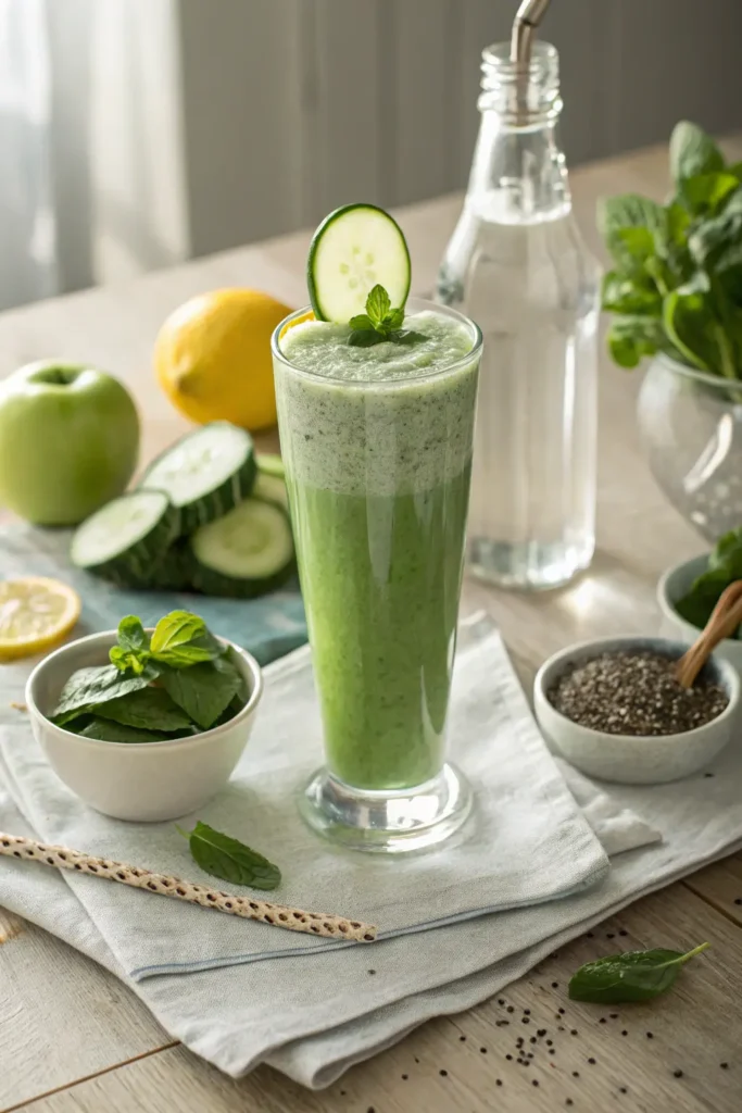Tall glass of vibrant green detox juice garnished with fresh mint and cucumber slice on wooden table with spinach, apple, and lemon ingredients