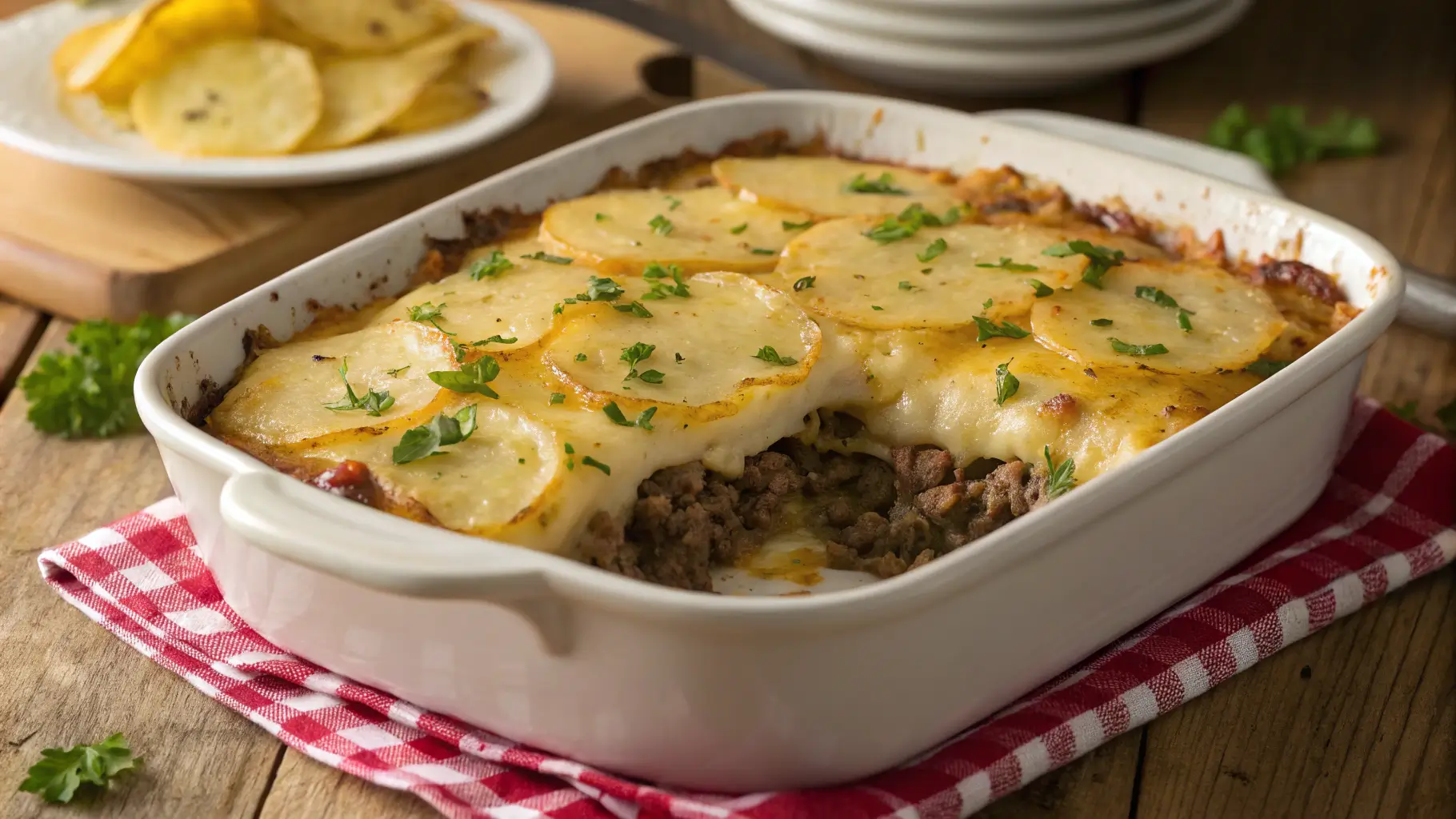Ground beef and potatoes casserole in baking dish with golden melted cheddar cheese and fresh parsley garnish
