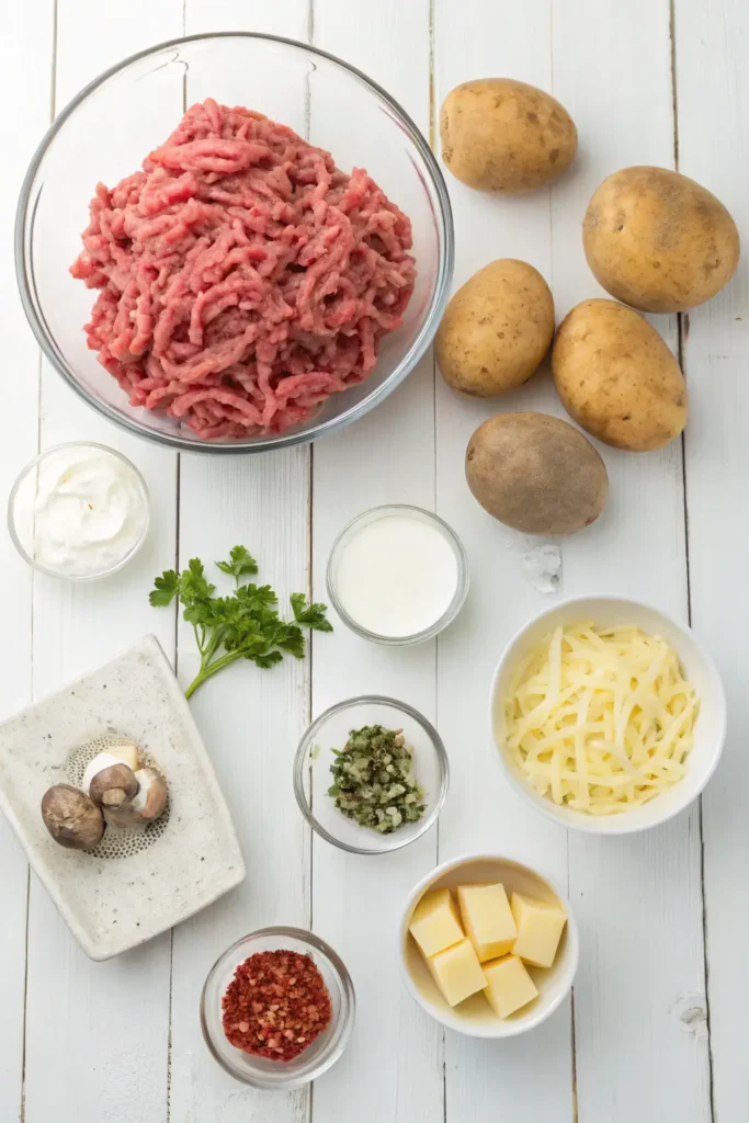 All ingredients for ground beef and potatoes casserole including raw beef, sliced potatoes, cheese, cream soup, and seasonings