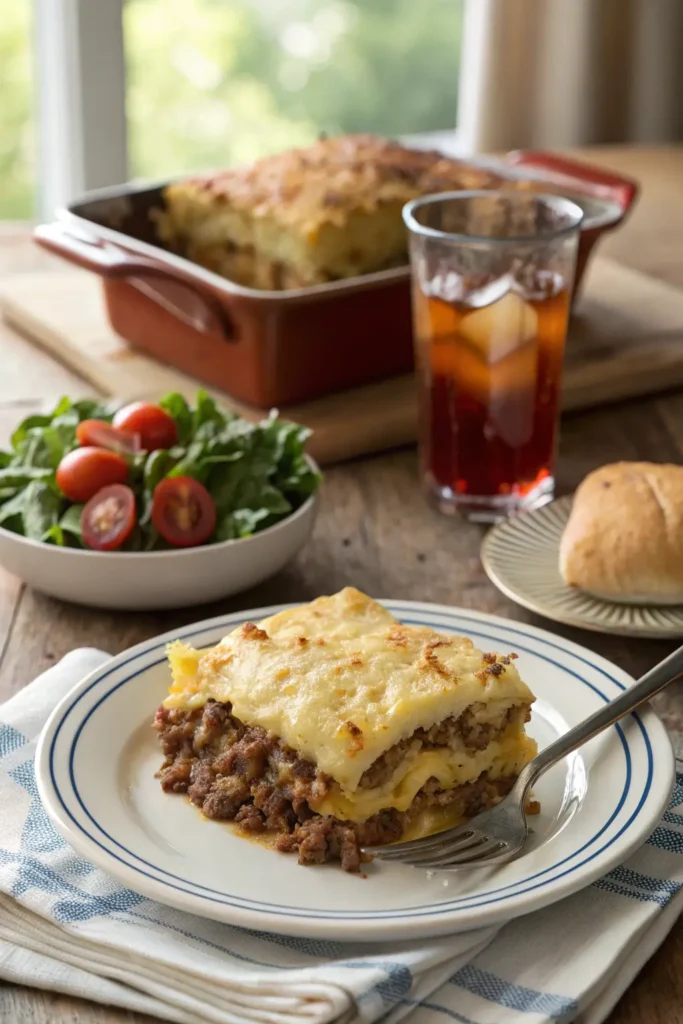Plated portion of ground beef and potatoes casserole showing layered potatoes, beef, and melted cheese with side salad