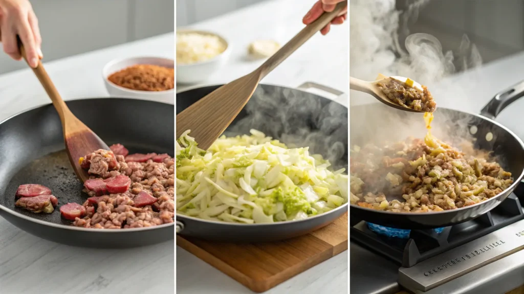 Three-step cooking process showing ground beef browning, onions sautéing, and chopped cabbage being added to skillet