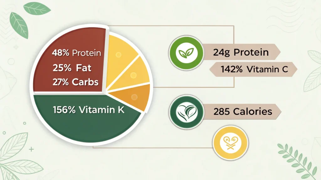 Nutritional information infographic for ground beef and chopped cabbage showing 285 calories, 24g protein, and vitamin content with visual charts