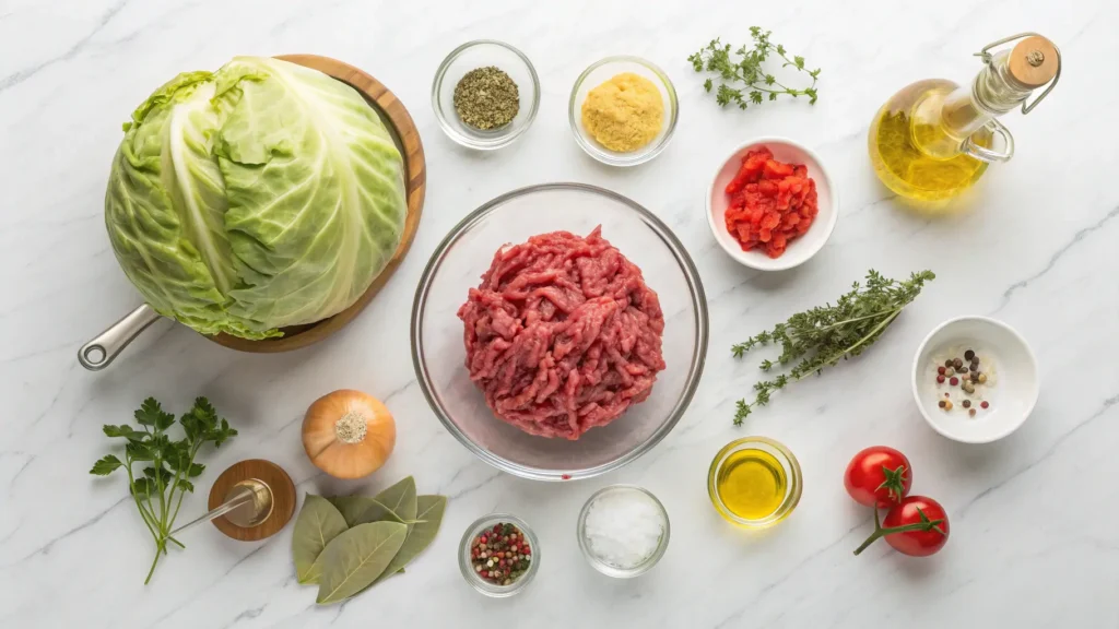 Organized flat lay of ground beef and chopped cabbage recipe ingredients including fresh cabbage, beef, onions, garlic, and spices on marble counter