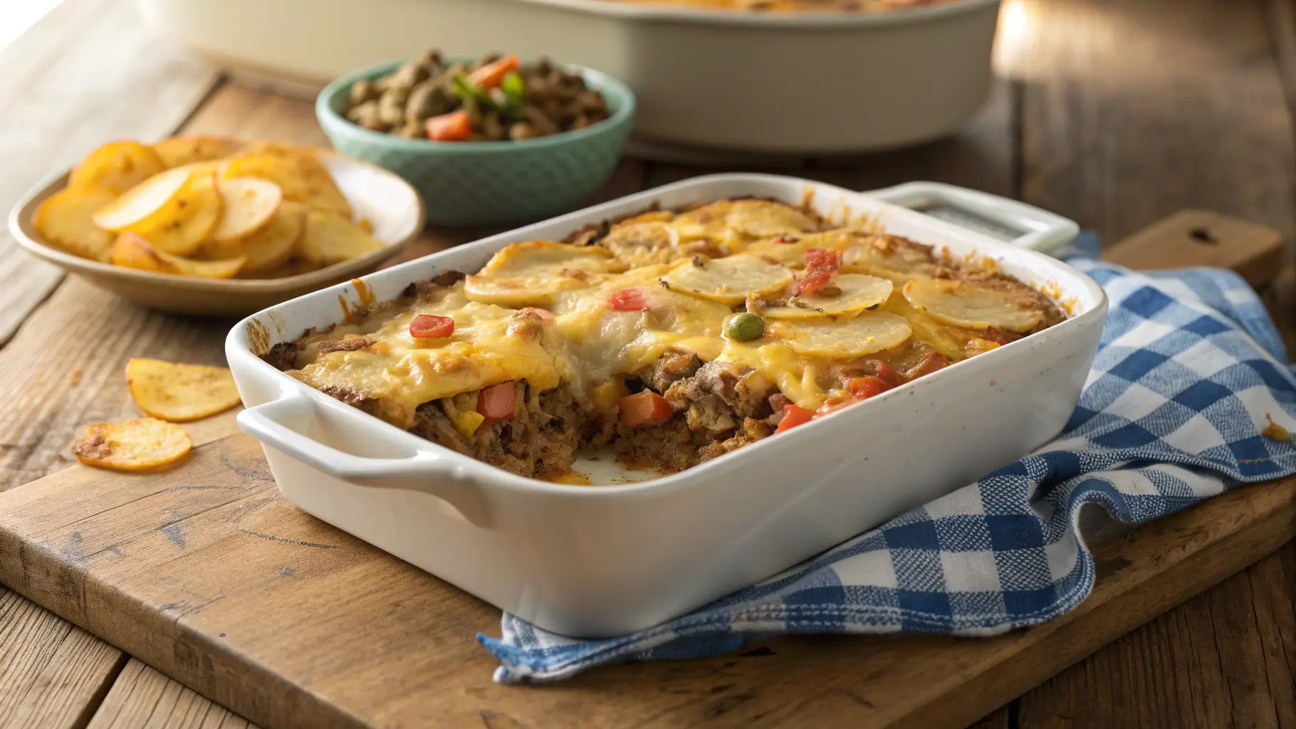 Golden-brown ground beef hobo casserole recipe with melted cheddar cheese in white baking dish on wooden table