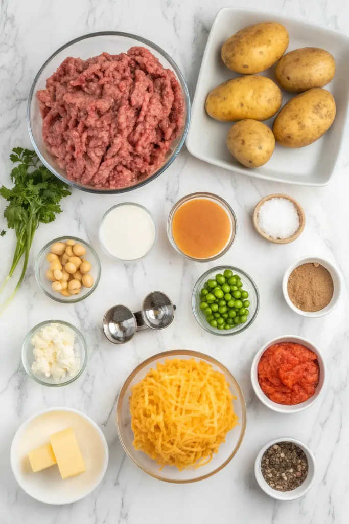 All ingredients needed for ground beef hobo casserole recipe including ground beef, potatoes, onion, cheese, and vegetables