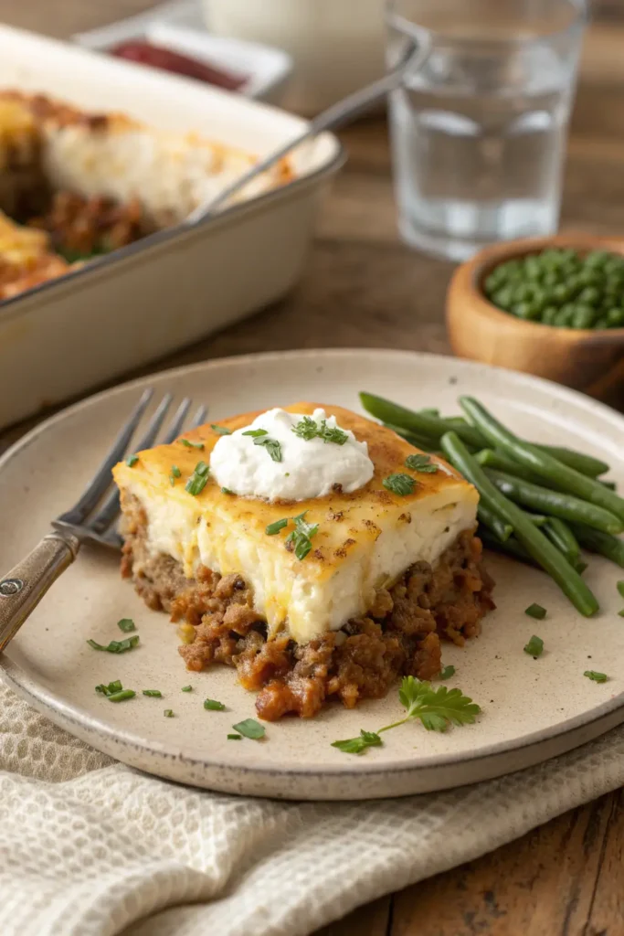 Plated serving of ground beef hobo casserole recipe showing distinct layers with melted cheese and sour cream garnish