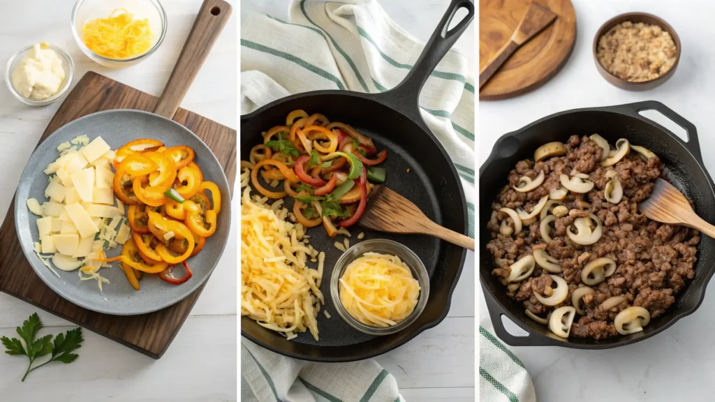Three step cooking process for Ground Beef Philly Cheesesteaks showing sautéed vegetables, browned ground beef, and melted cheese in skillet