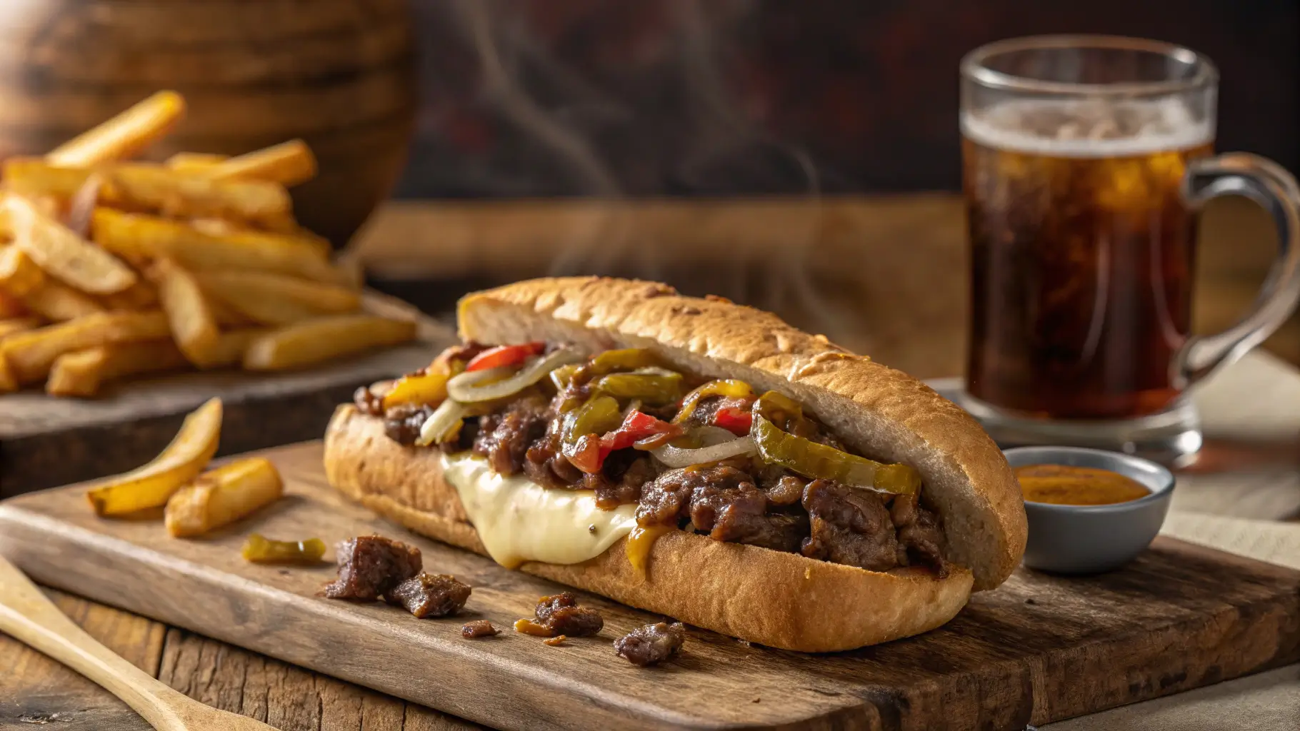 Delicious Ground Beef Philly Cheesesteak sandwich with melted provolone cheese, caramelized peppers and onions on toasted hoagie roll