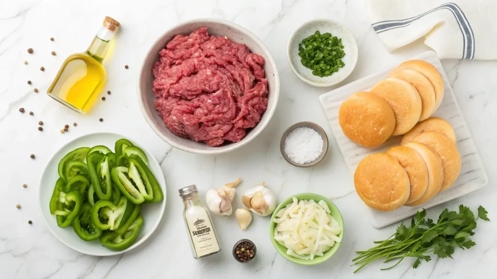 Fresh ingredients for Ground Beef Philly Cheesesteaks including ground beef, bell peppers, onions, mushrooms, cheese, and hoagie rolls