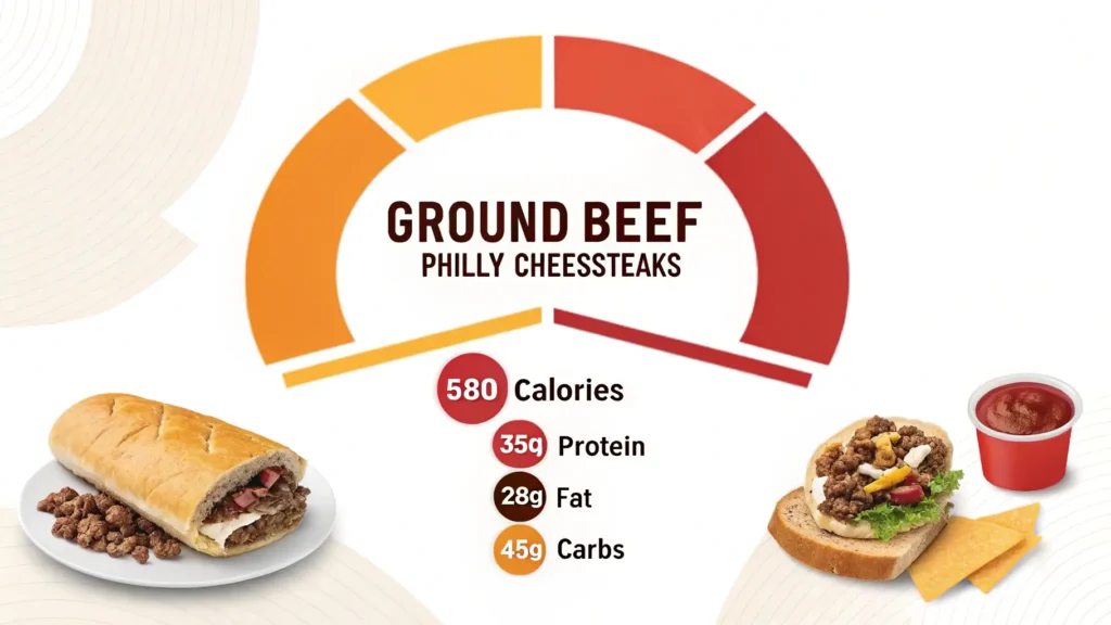 Nutritional information infographic for Ground Beef Philly Cheesesteaks showing 580 calories, 35g protein, 28g fat, and 45g carbohydrates per serving
