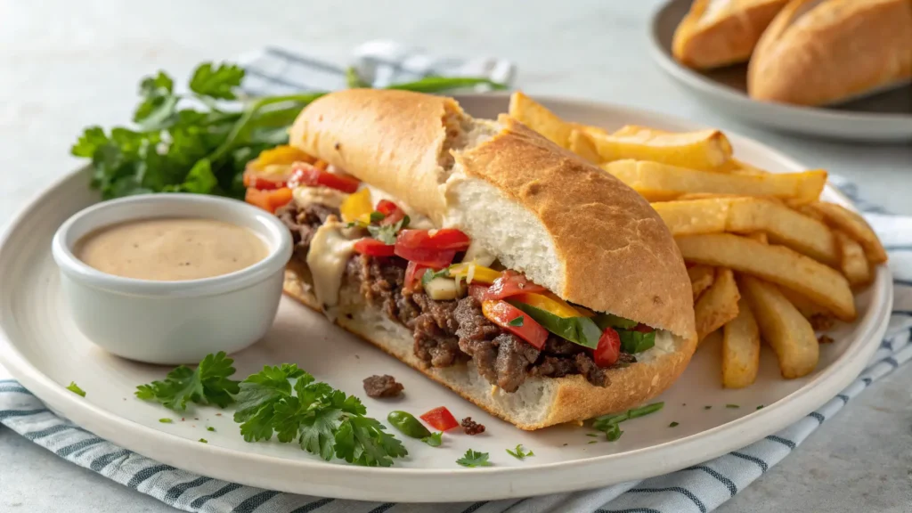 Plated Ground Beef Philly Cheesesteak cut in half showing juicy beef filling and melted cheese with french fries on the side