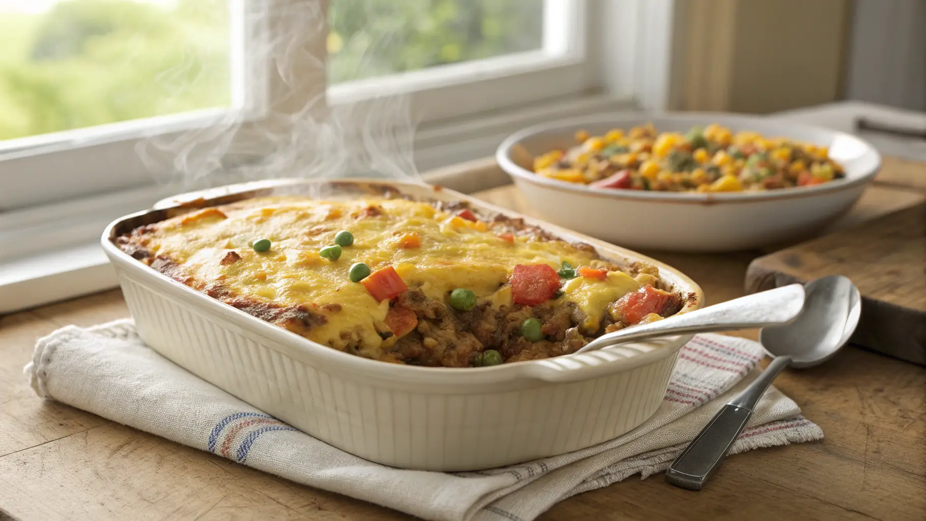 Ground beef rice casserole recipe with melted cheese in baking dish fresh from oven