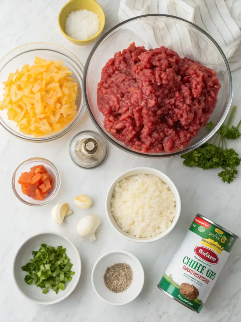 Ground beef rice casserole recipe ingredients including raw beef, rice, cheese, vegetables and seasonings
