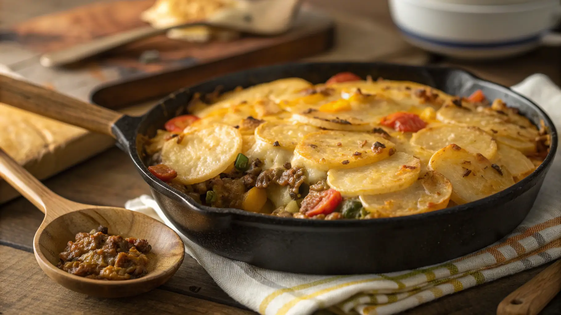 Hobo casserole with melted cheese in cast iron skillet, easy 30-minute comfort food dinner recipe