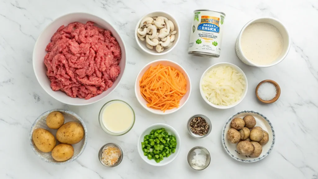 Hobo casserole recipe ingredients including ground beef, potatoes, cheese, vegetables and cream soup