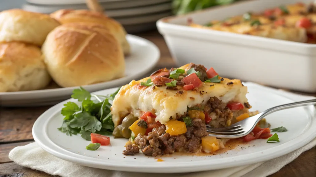 Plated hobo casserole serving showing layers of ground beef, potatoes, vegetables and melted cheese