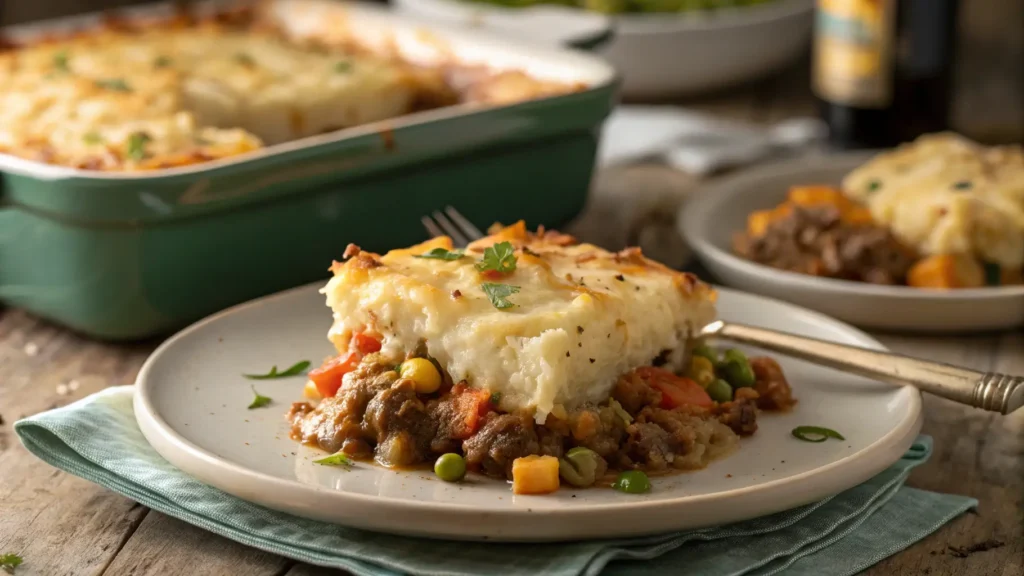 Slice of hobo casserole showing layers of ground beef, mixed vegetables, potatoes and melted cheese topping
