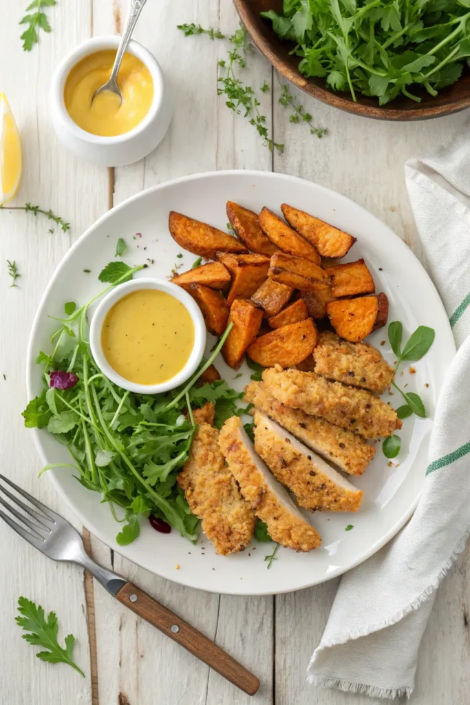 Homemade baked chicken tenders served with sweet potato wedges and fresh salad on dinner plate