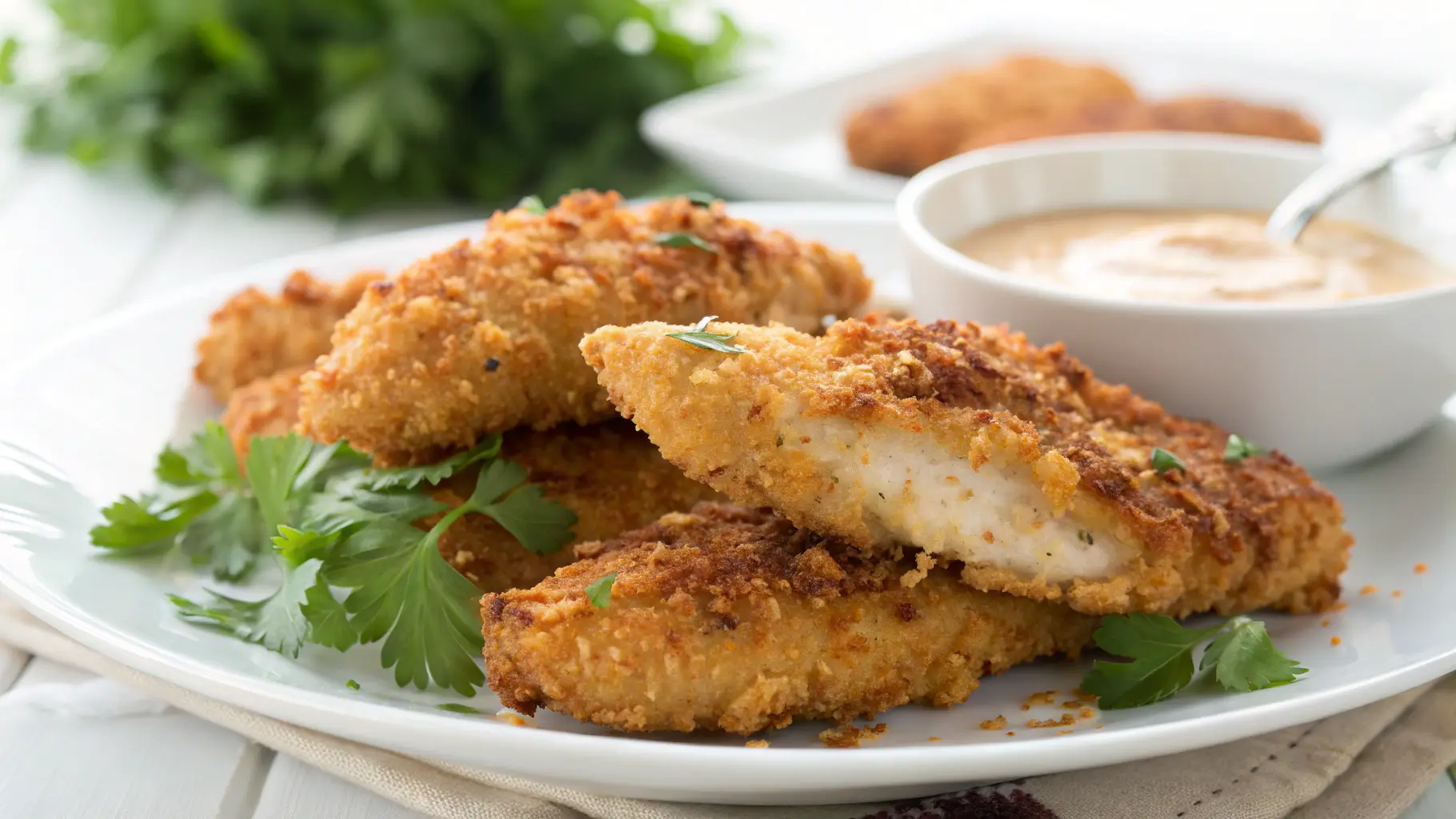 Homemade baked chicken tenders with golden crispy breading on white plate with dipping sauce