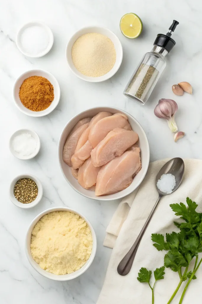 Ingredients for homemade baked chicken tenders including raw chicken, flour, eggs, panko breadcrumbs and spices arranged on marble counter