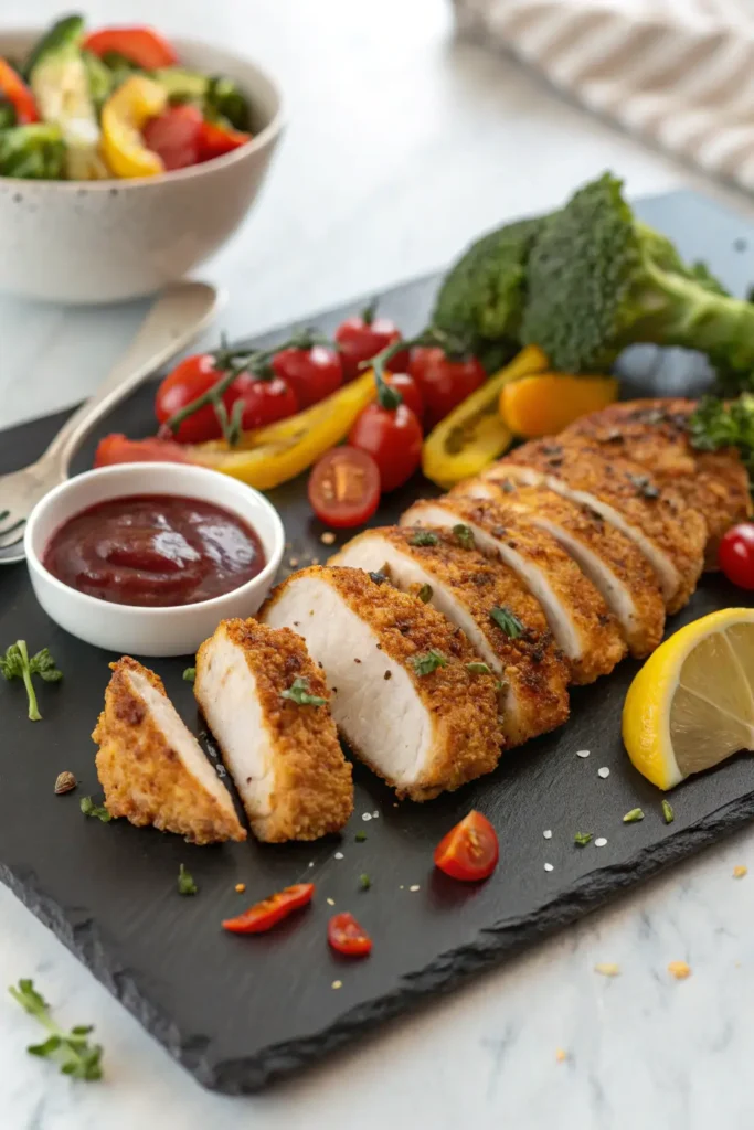 Homemade baked chicken tenders sliced to show juicy interior with roasted vegetables on slate plate