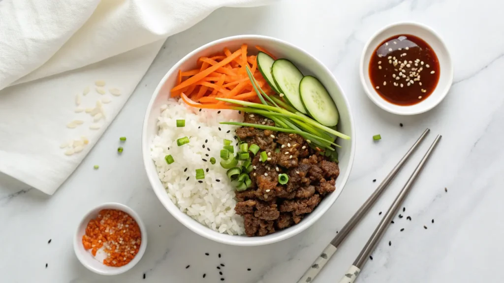 Overhead view of Korean Ground Beef Bowl with rice, beef, fresh vegetables, and chopsticks on marble surface