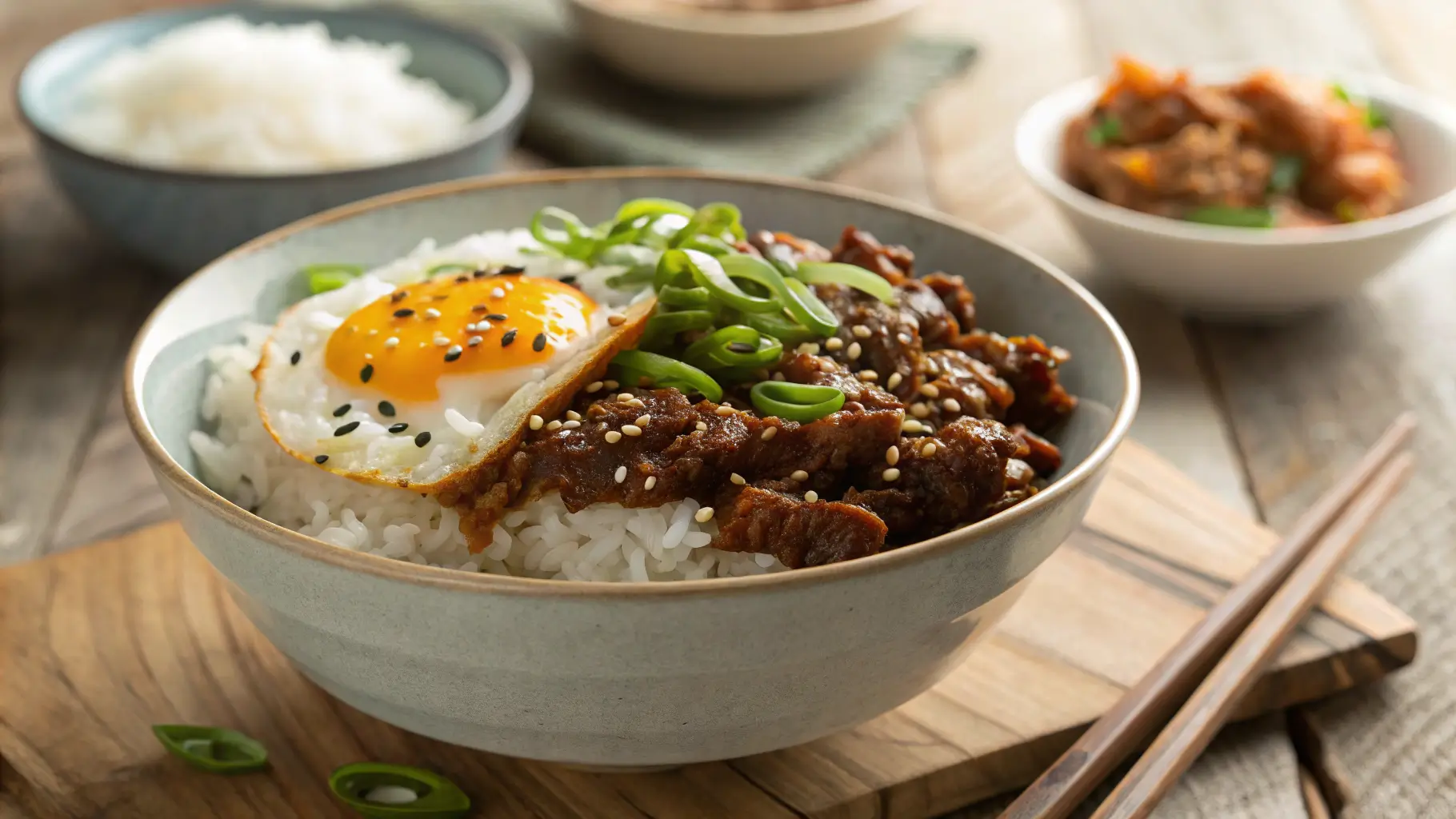 Korean Ground Beef Bowl with rice, seasoned beef, green onions, sesame seeds, and fried egg in white bowl on wooden table
