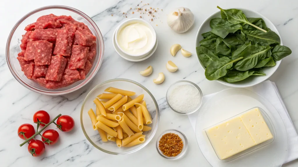 Ingredients for One-Pot Beef with Garlic Butter Pasta including ground beef, penne pasta, garlic, and fresh herbs