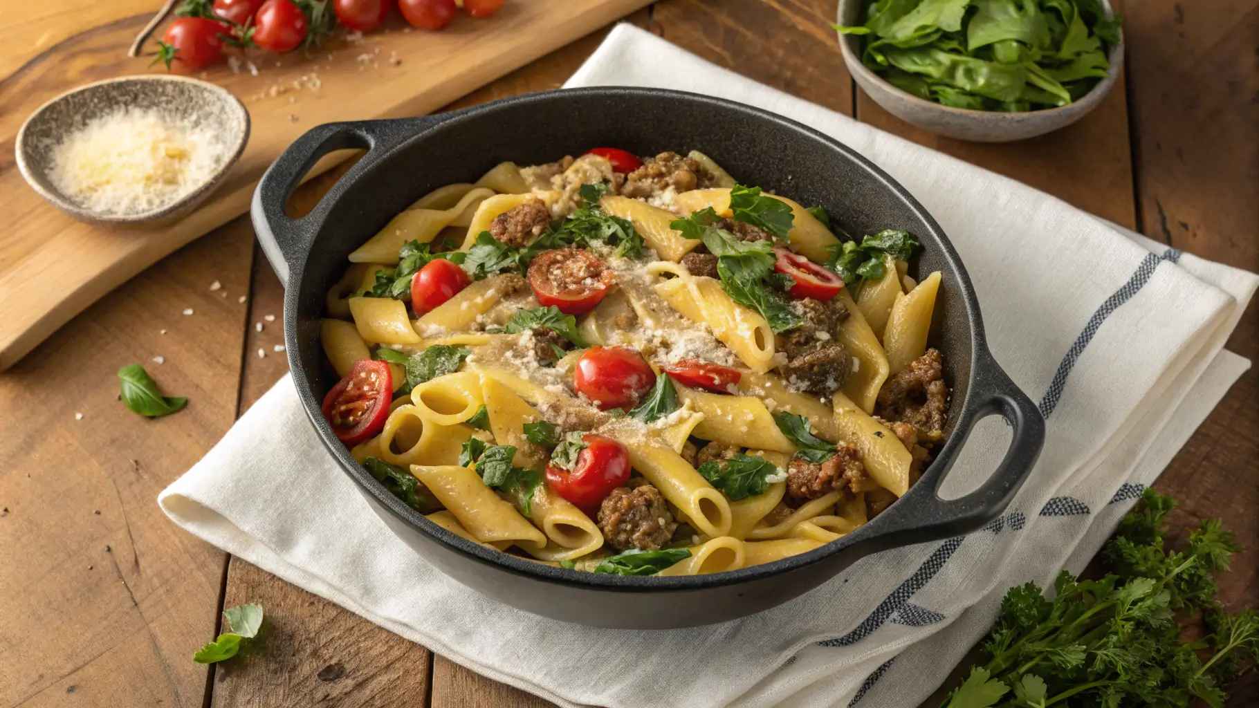 One-Pot Beef with Garlic Butter Pasta in a skillet with cherry tomatoes, spinach, and Parmesan cheese