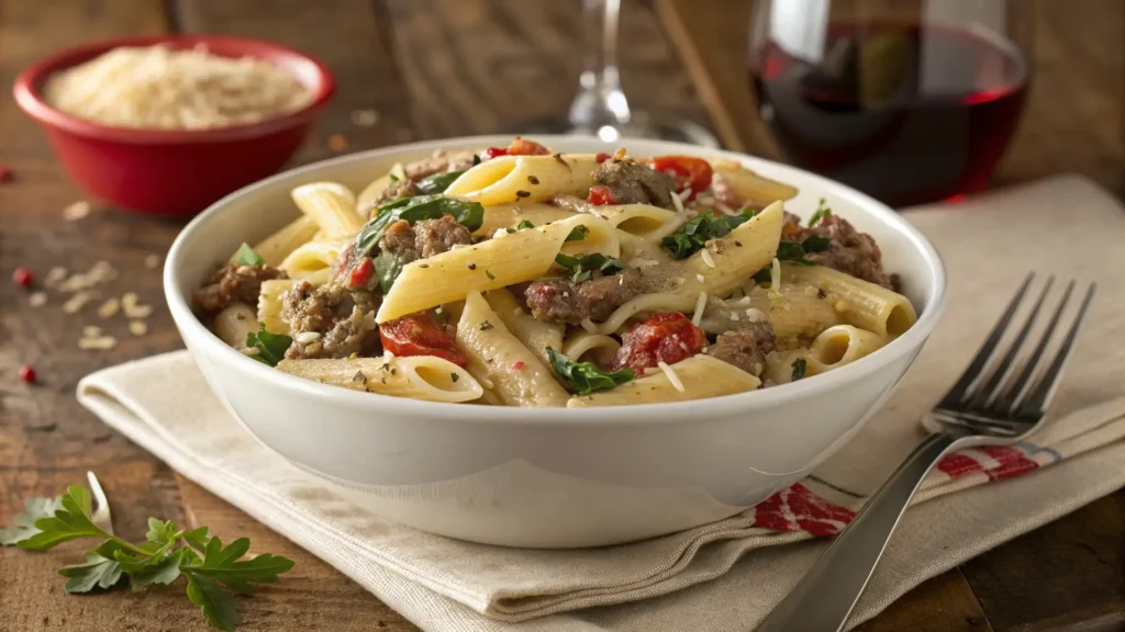 Creamy One-Pot Beef with Garlic Butter Pasta served in a white bowl with fresh parsley garnish