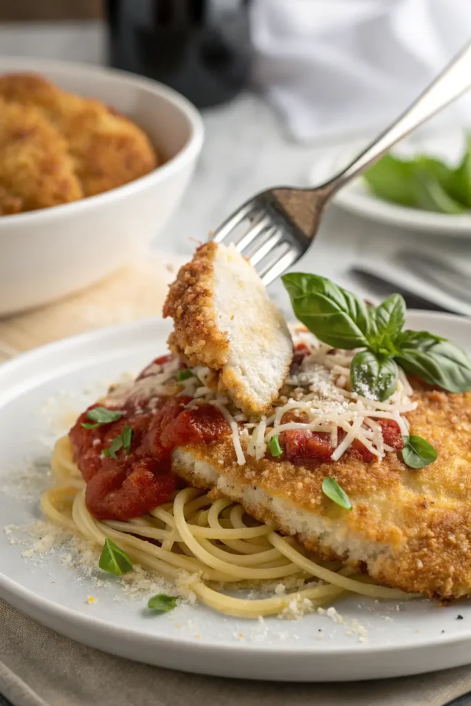 Golden Parmesan crusted chicken cutlet served over spaghetti with marinara sauce and fresh basil leaves