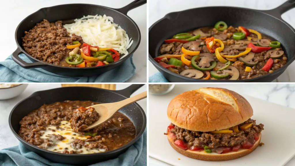 Four-step cooking process for Philly Cheesesteak Sloppy Joes showing browning beef, sautéing vegetables, simmering sauce, and melting cheese