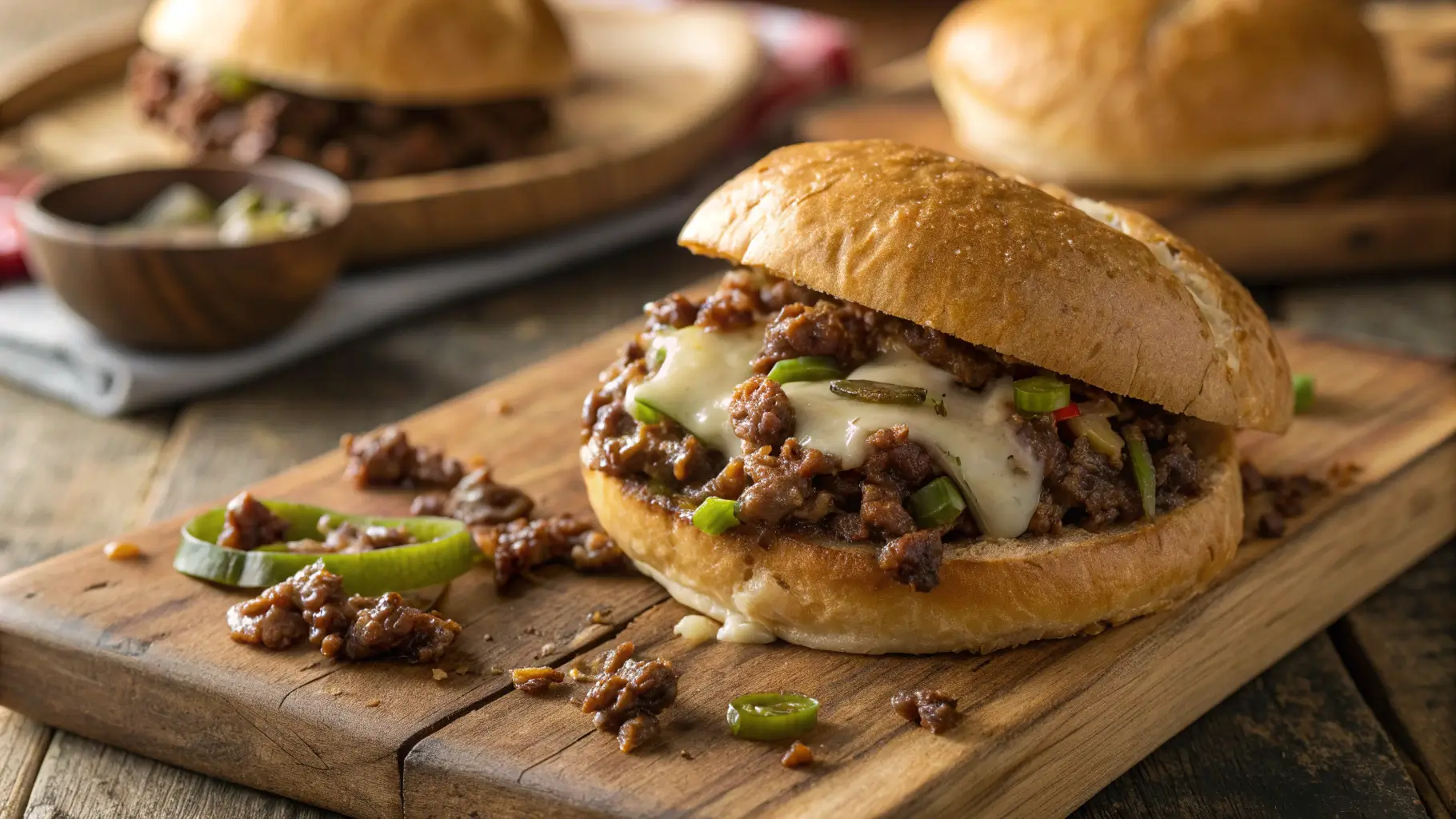 Philly Cheesesteak Sloppy Joes with melted provolone cheese and sautéed peppers on toasted bun