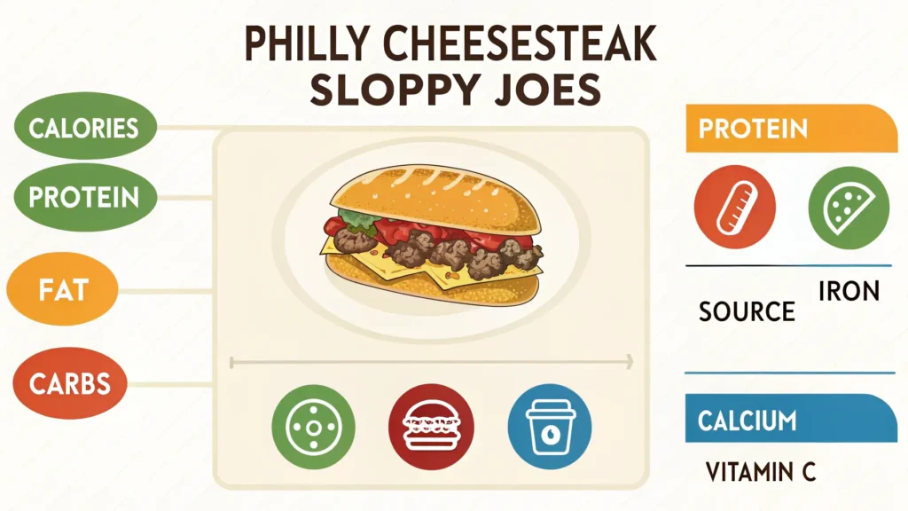 Nutritional information infographic for Philly Cheesesteak Sloppy Joes showing 485 calories, 32g protein, 26g fat, and 28g carbohydrates per serving