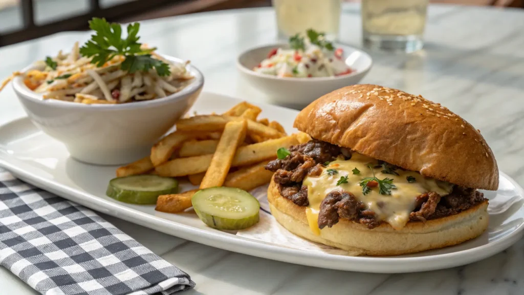 Plated Philly Cheesesteak Sloppy Joe with french fries, coleslaw, and pickles on white plate